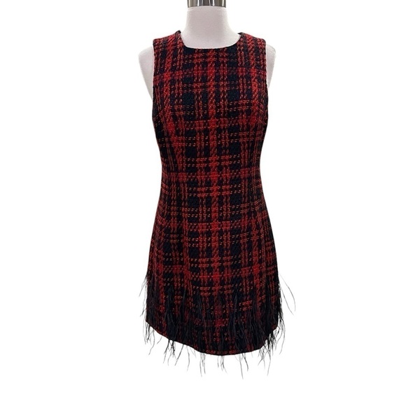 ANTONIO MELANI Irine Tweed Feather Sleeveless Sheath Dress Red Black Size 4 NEW - Picture 2 of 11